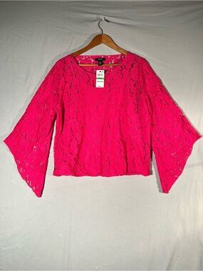 Alfani Hot Pink Lace Bell-Sleeve Bubble Blouse -Size Large NWT